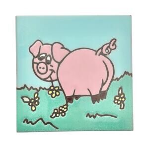 1980s Vintage Italian Colorful Glazed Pig Swine Square Tile Trivet Coaster 6”